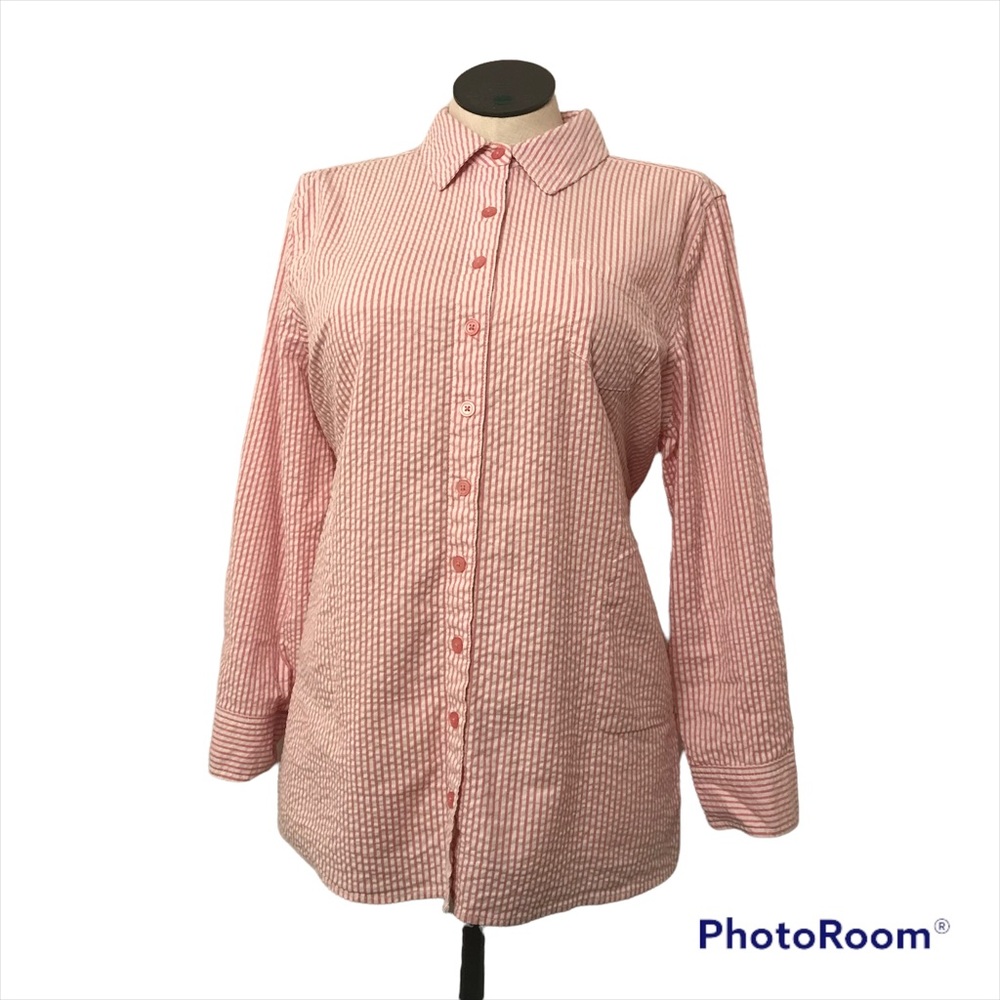 DENIM+COMPANY Button Up Shirt Women’s Size LP Color White/Pink Roll Tab Sleeve’s